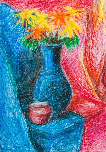 Bouquet di fiori in vaso blu e vaso rosso — Foto Stock