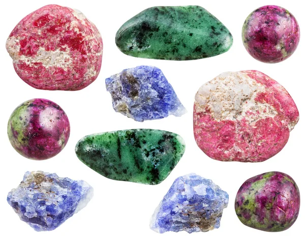 Olika zoisit kristaller, stenar och ädelstenar — Stockfoto