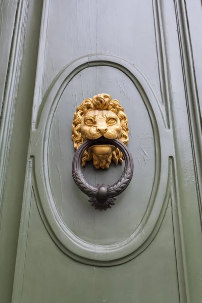 ライオンは、フィレンツェの緑のドアのノッカーをヘッドします。 — ストック写真