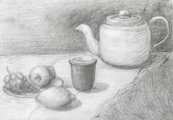 Still life of teapot, cup, fruits drawn by pencil — Stock Photo, Image