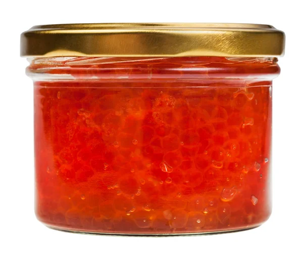 Side view of closed glass jar with red caviar — Stock Photo, Image