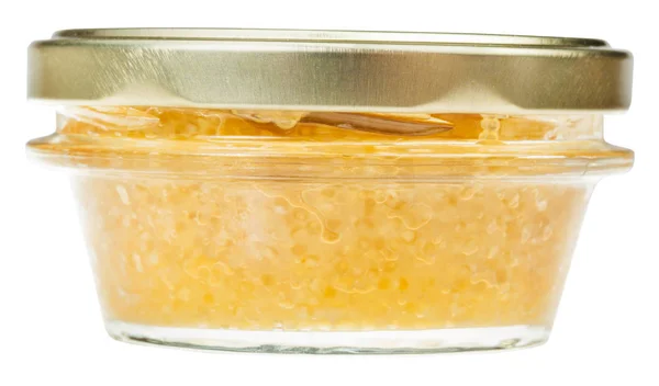 Side view of closed glass jar with caviar of pike — Stock Photo, Image