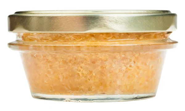 Front view of glass jar with caviar of pike fish — Stock Photo, Image
