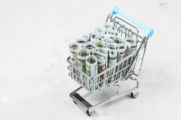 Einkaufswagen mit Dollarnoten auf Betonplatte — Stockfoto