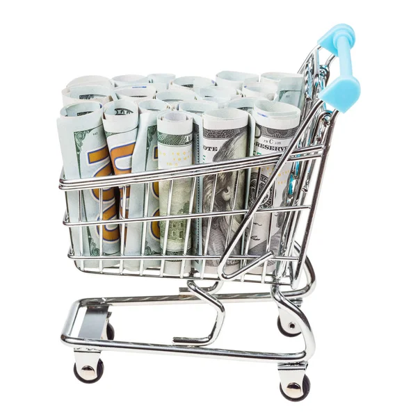 Shopping cart with dollar banknotes isolated — Stock Photo, Image