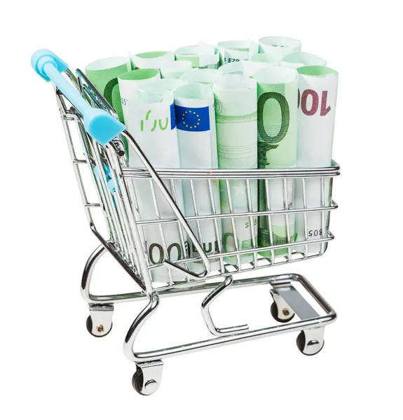 Supermarket trolley with euro banknotes isolated — Stock Photo, Image