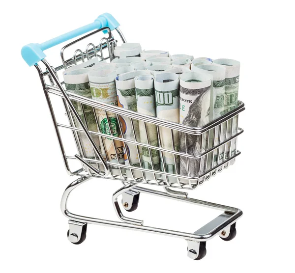 Shopping-cart med dollar sedlar isolerade — Stockfoto