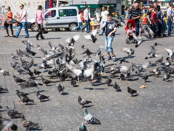 Niño alimenta palomas en la plaza Taksim en Estambul — Foto de Stock