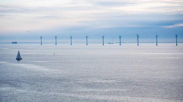 Panorama with offshore wind farm in morning — Stock Photo, Image
