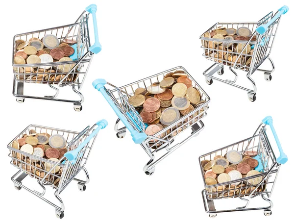 Conjunto de carrinhos de compras com moedas de euro isoladas — Fotografia de Stock