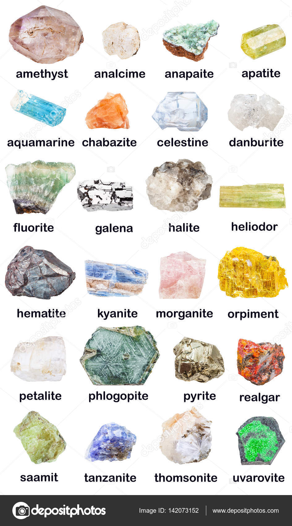 Collection of various raw minerals with names Stock Illustration