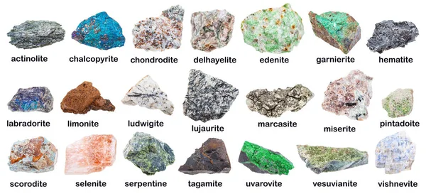 Zbiór różnych minerałów z opisami — Zdjęcie stockowe
