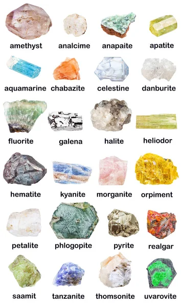 Colección de diversos minerales crudos con nombres — Foto de Stock