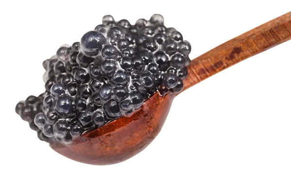 Inlagda svarta färgade kaviar av hälleflundra i sked — Stockfoto