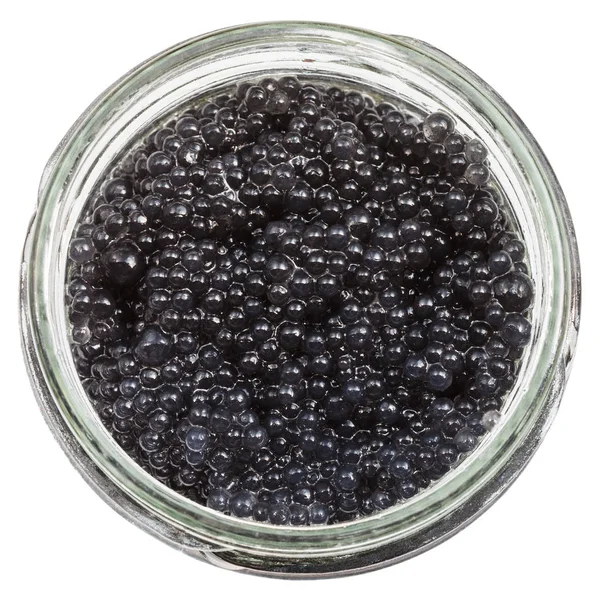 Caviar em conserva preto de peixe de alabote em frasco de vidro — Fotografia de Stock