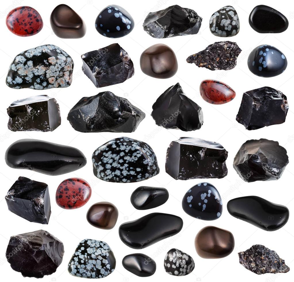 collection of tumbled and raw obsidian stones