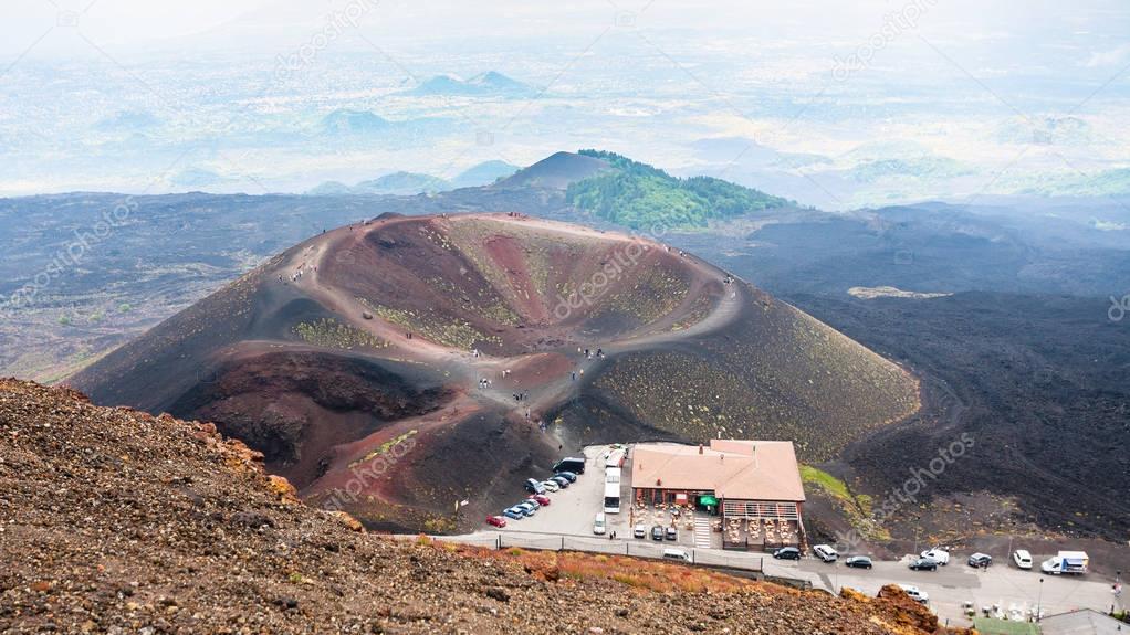 above view on tourist camp on Etna volcano