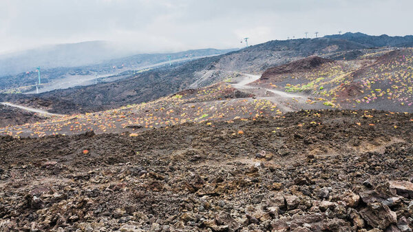 hardened lava field and cableway on Mount Etna