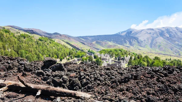 Widok z hartowanej lawy na zboczu wulkanu Etna — Zdjęcie stockowe