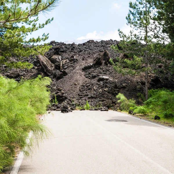 Hardened lava flow on road on slope of Etna — Stock Photo, Image