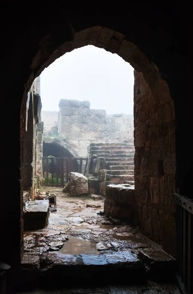 Nádvoří v středověký hrad Ajlun v Jordánsku v dešti — Stock fotografie