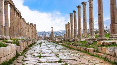 ıslak Decumanus Maximus yolda Jerash (Antik Gerasa)