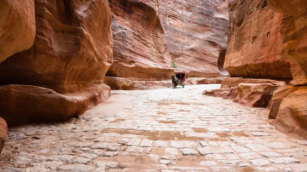 Pietra pavimentato Al Siq passaggio per l'antica città di Petra — Foto Stock