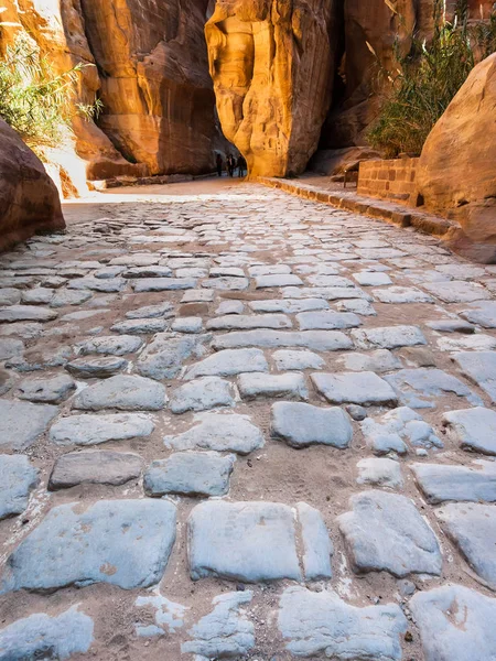 Pavimento de piedra del pasaje de Al Siq a la antigua Petra —  Fotos de Stock