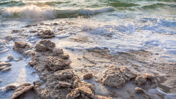 Crystalline salt on shore of Dead Sea on sunset — Stock Photo, Image