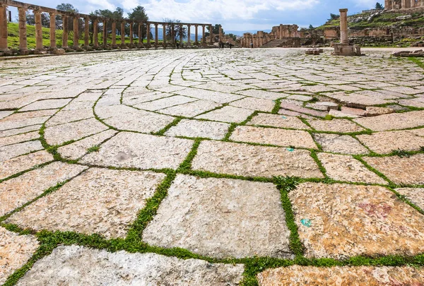 Pavimento molhado do Fórum Oval em Jerash no inverno — Fotografia de Stock