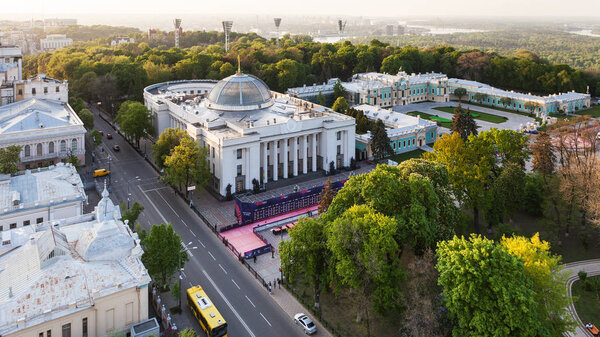 street and Verkhovna Rada in spring twilight