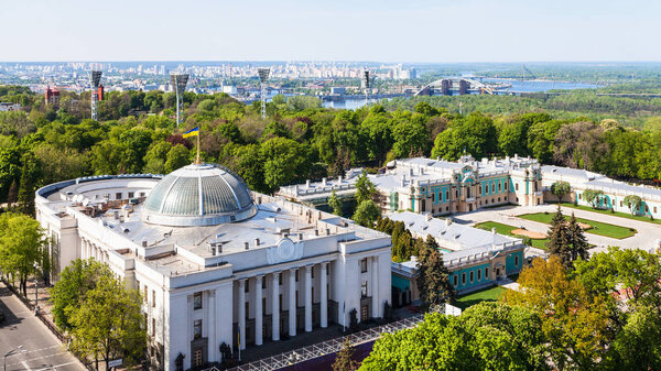 Kyiv city skyline with Rada Building in spring