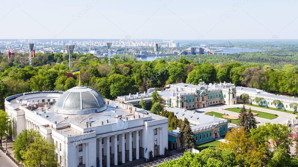 Kiev city skyline with Rada Building in spring