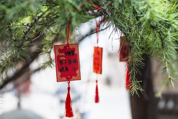 Placas rojas en el árbol cerca del templo —  Fotos de Stock