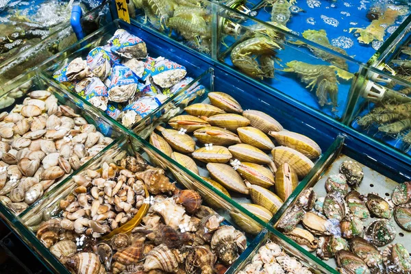 Várias amêijoas no mercado de peixe na cidade de Guangzhou — Fotografia de Stock