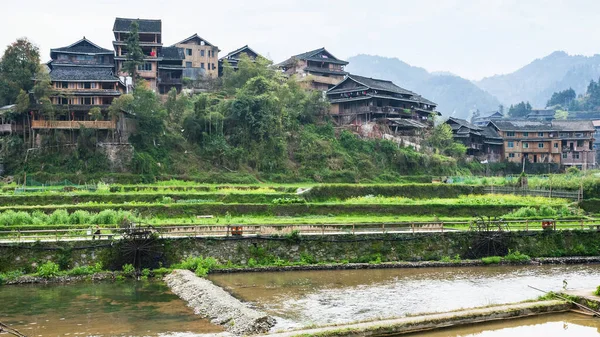 Terrassengärten und Häuser im Dorf Chengyang — Stockfoto