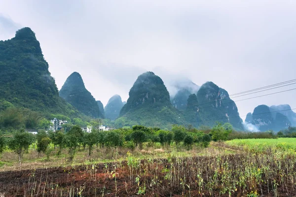 Trädgårdar, nära karst berg i Yangshuo — Stockfoto