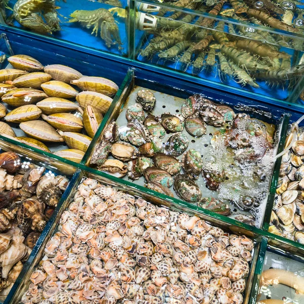 Моллюски и креветки на рыбном рынке в городе Гуанчжоу — стоковое фото