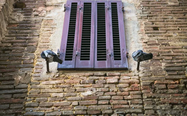 Palomas cerca de la ventana cerrada de la casa medieval — Foto de Stock