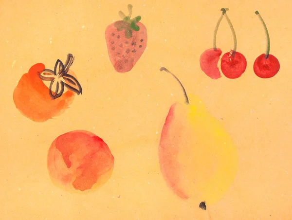 Divers fruits sur papier de couleur jaune — Photo