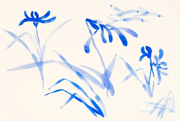 Sketches of blue flowers on ivory colored paper — Stock Photo, Image