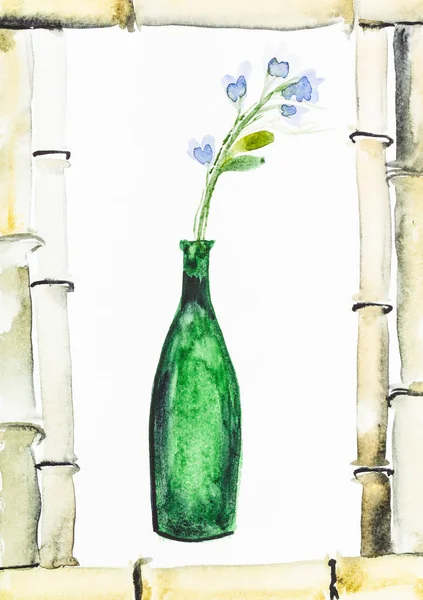 Fresh blue flowers in bottle in frame of bamboo — Stock Photo, Image
