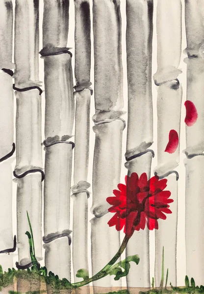 red chrysanthemum flower and bamboo grove