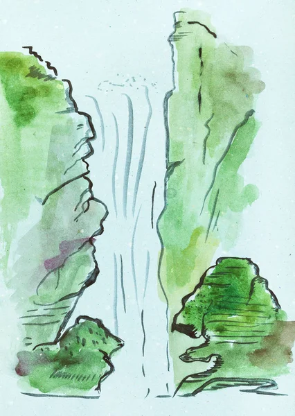 Vista della cascata su carta blu — Foto Stock