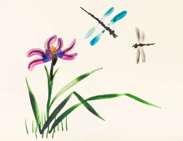 Two dragonflies over iris flower on meadow — Stock Photo, Image