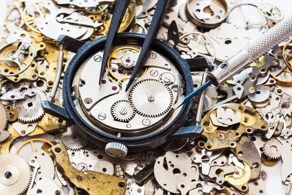 Above view of tools on open watch on spare parts — Stock Photo, Image