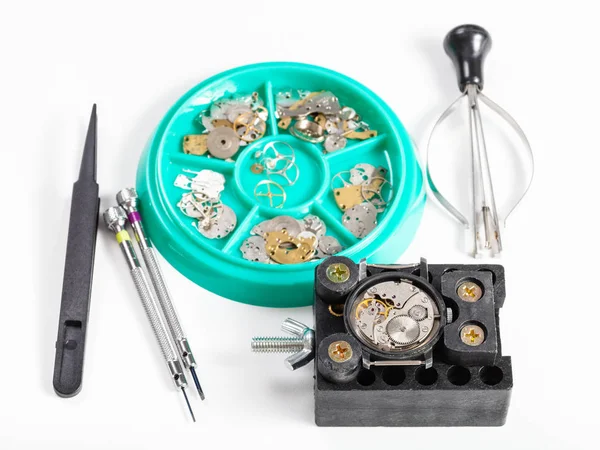 Set di utensili e pezzi di ricambio per la riparazione dell'orologio — Foto Stock