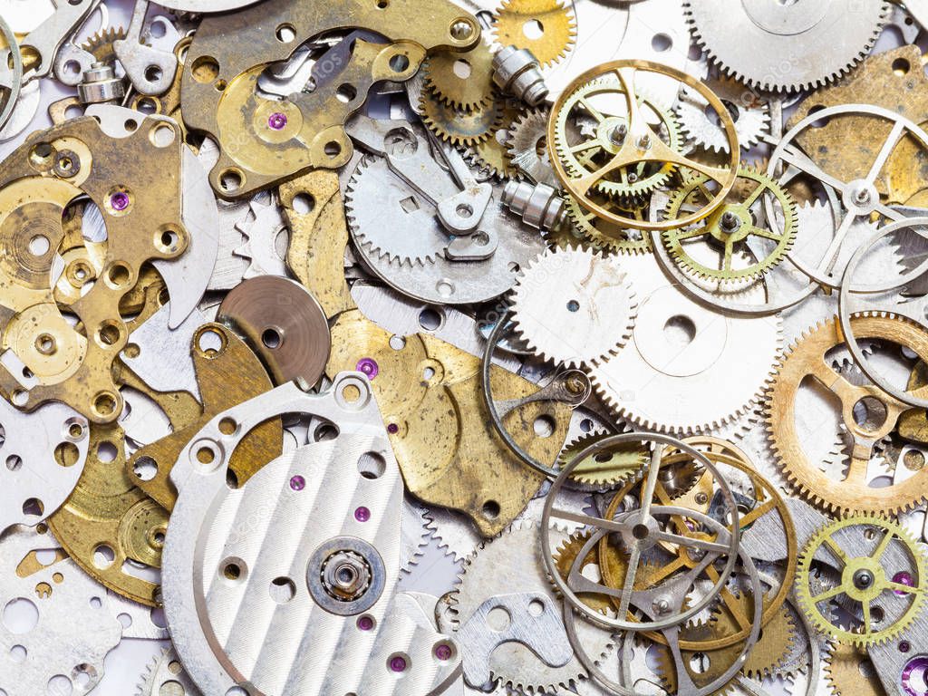 many old watch spare parts close up