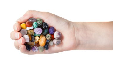 izole çeşitli taşlar ile avuç Üstten Görünüm