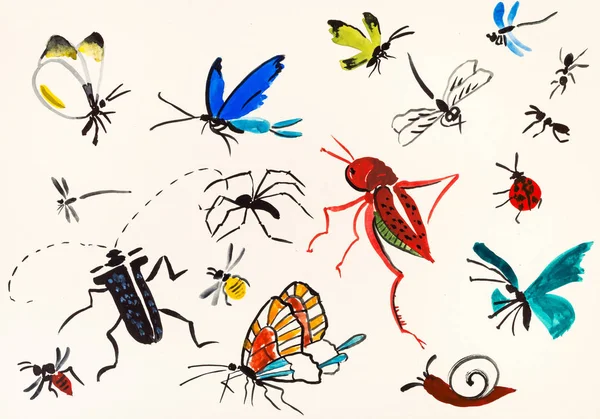 Various insects hand painted on colored paper — Stock Photo, Image